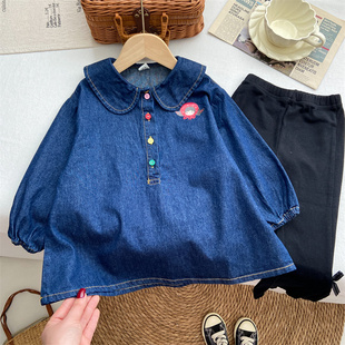 女童春装2026新款宝宝洋气春秋季长袖连衣裙时尚宽松版涂鸦牛仔裙