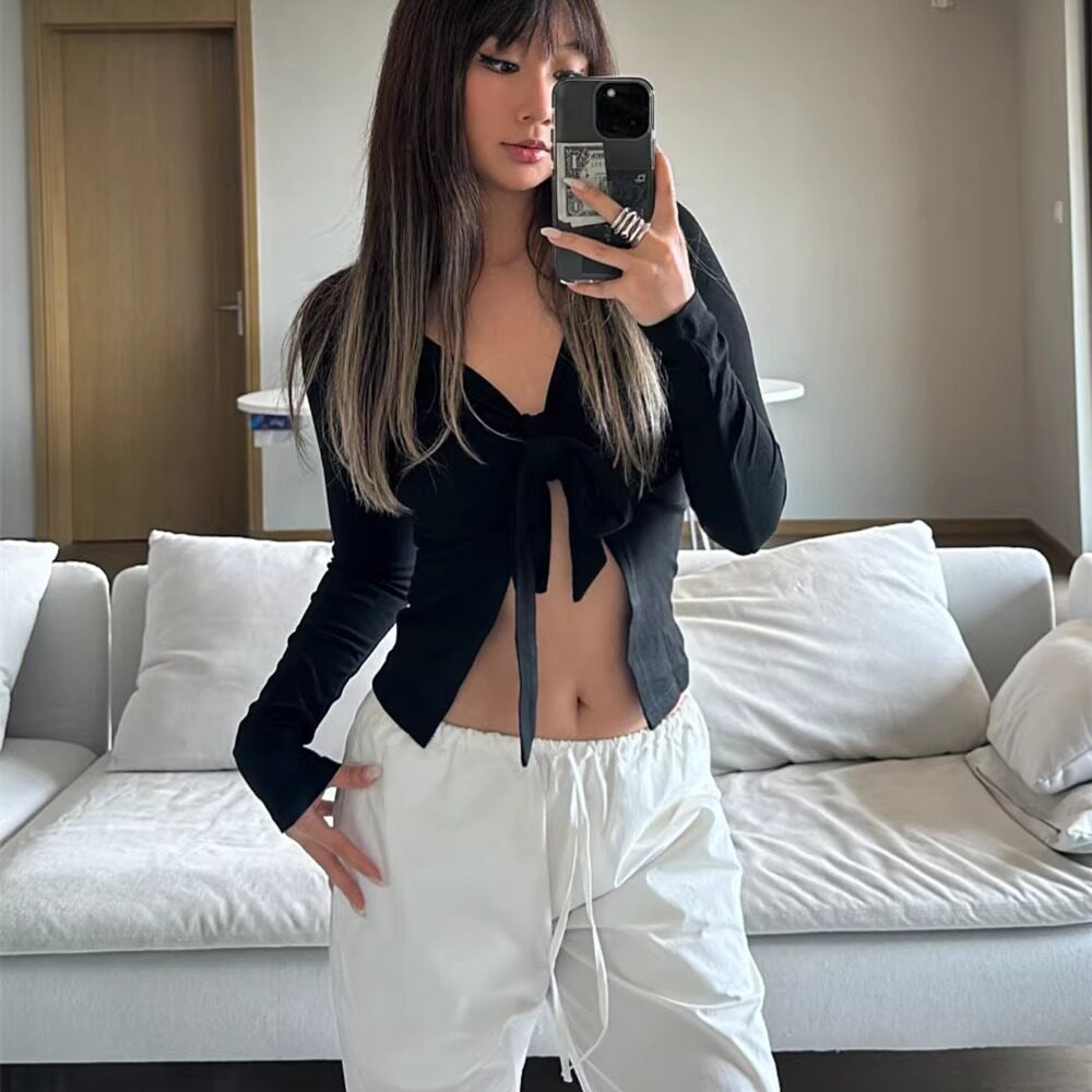 OGEX性感辣妹胸前系带蝴蝶结长袖打底上衣弹力V领内搭T恤欧美风