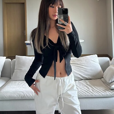 长袖欧美风胸前系带显瘦百搭