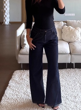 ‘萝卜腿变小鸟腿’显瘦修胯经典基础款中腰微弹直筒牛仔裤深蓝色