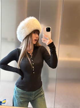 亨利领羊毛针织衫女秋冬辣妹圆领贝壳扣修身内搭显瘦长袖上衣纯色