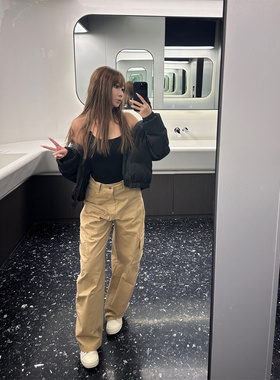 谢老吉欧美风辣妹工装裤设计感多口袋廓形高腰休闲直筒长裤女