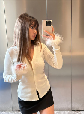 设计感可拆卸毛毛袖V领针织弹力修身显瘦开衫纯色打底上衣欧美风