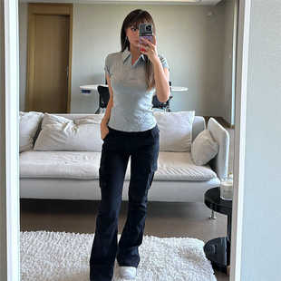 2024新款 美式 显瘦辣妹上衣女夏季 正肩修身 复古灰色polo领短袖