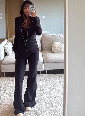 希尔顿大小姐黑色套装 【口碑】德绒连帽长袖卫衣卫裤早秋三件套