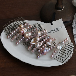 天然淡水珍珠巴洛克手工绑线倒插梳金箔珍珠10齿发梳复古法式发夹