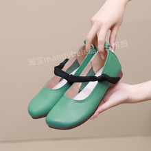 真皮单鞋女夏季绿色新款玛丽珍皮鞋软底低跟脚面代带浅口四季鞋子