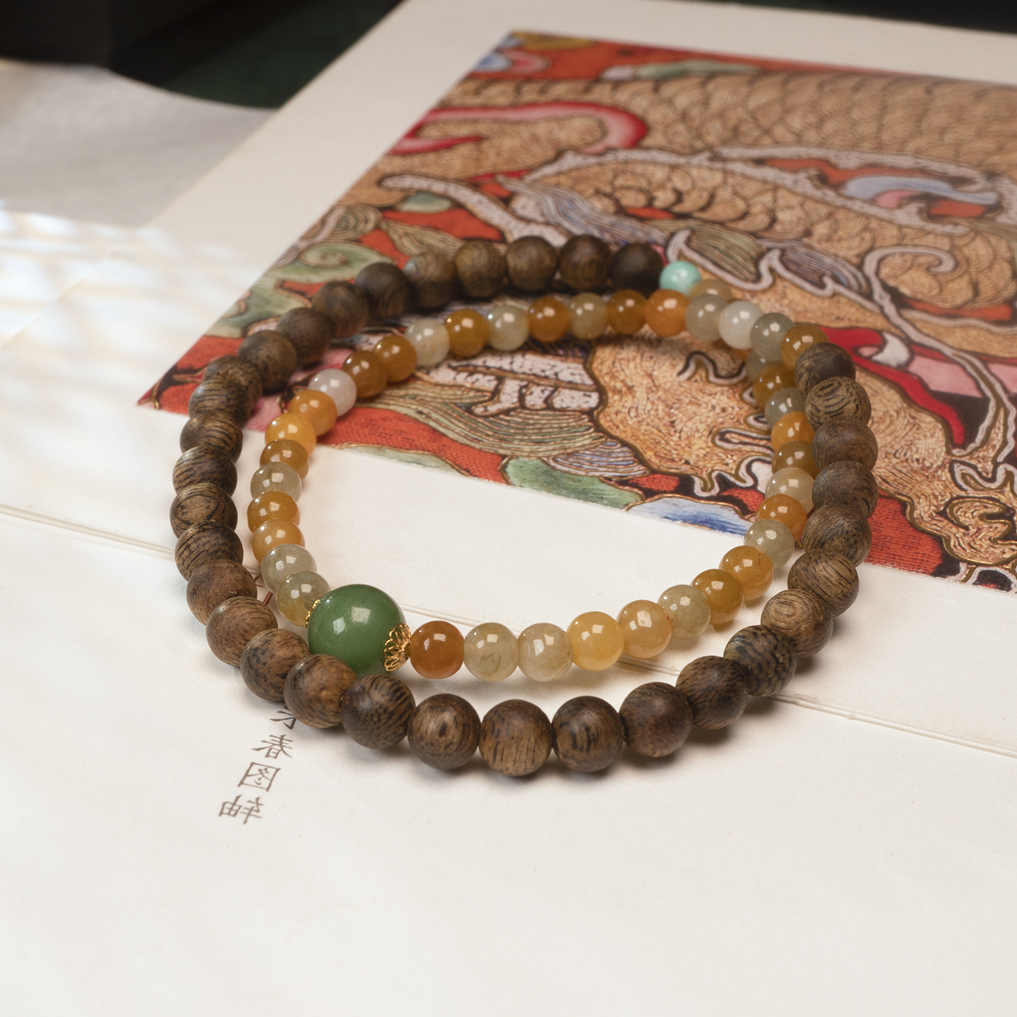 18K金天然黄翡沉香新中式手串