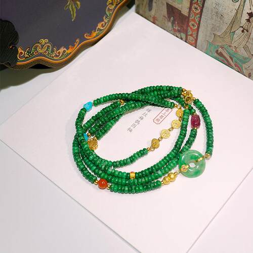 18K金天然翡翠算盘珠长链缀多宝