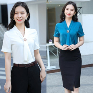 设计感小众高级薄衬衣九分裤 职业套装 短袖 女夏季 v领飘带雪纺衬衫