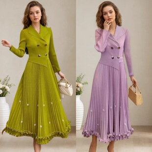 法式 边钉珠气质收腰显瘦百褶裙 设计气质连衣裙2026春新款