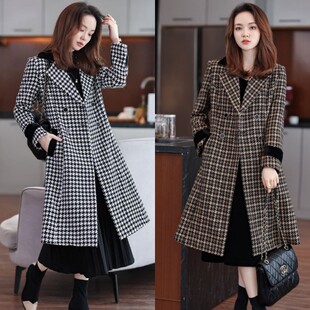 千鸟格中长款 气质高级感韩系百搭呢子大衣 毛呢外套女2022秋冬新款