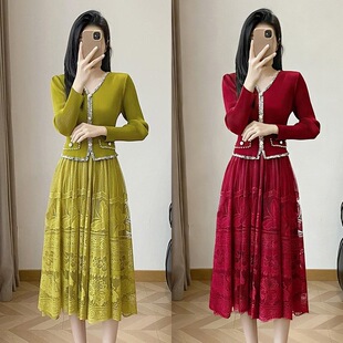 春秋收腰网纱拼接假两件百褶裙 连衣裙2026新款 法式 长袖