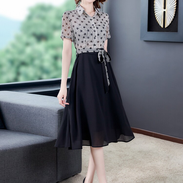夏季女装2021年新款波点衬衫裙修身显瘦大码长裙子妈妈拼接连衣裙