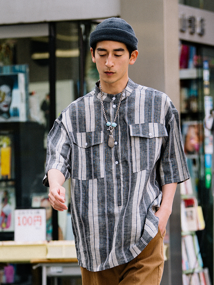 CITYDIVE Linen Stand Collar Shirt 亚麻复古立领格子短袖衬衫