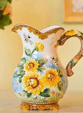 出口美式太阳花陶瓷水罐装饰花瓶高档向日葵家居特色水培新居