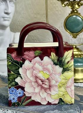 出口陶瓷釉下彩手绘牡丹提篮花瓶客厅摆件家居创意礼品收藏送礼