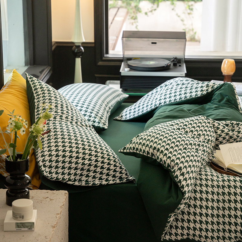 北欧A类亲肤全棉针织棉千鸟格四件套天竺棉裸睡双人床上用品4件套