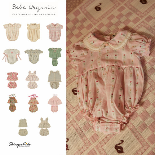 Shinyee▲bebe organic ss26春夏女童包屁衣连体衣衬衫短裤套装