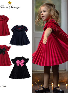 Shinyee▲piccola aw24秋冬儿童百褶丝绒裙大蝴蝶结礼服连衣裙