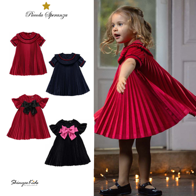 Shinyee▲piccola aw24秋冬儿童百褶丝绒裙大蝴蝶结礼服连衣裙