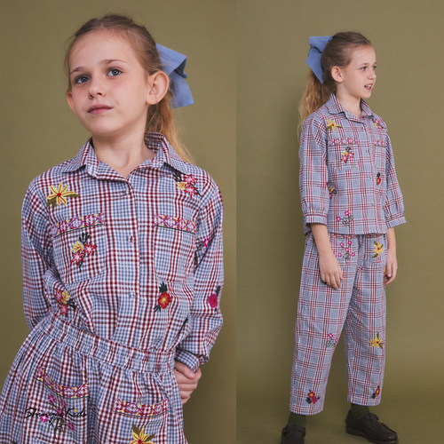 Shinyee▲birinit petit aw24儿童刺绣花朵衬衫长裤复古套装