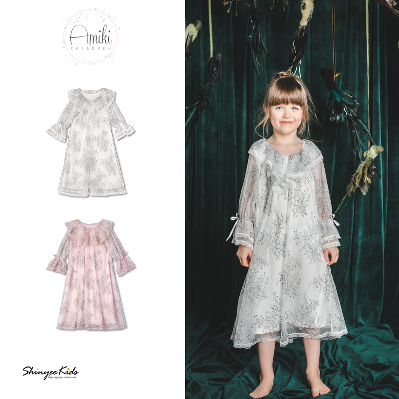 shinyee▲爱沙尼亚amiki 女童睡衣薄纱花边长袖睡裙家居裙