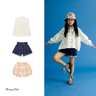 the new society Shinyee 春夏女童白色衬衫 牛仔格子短裤