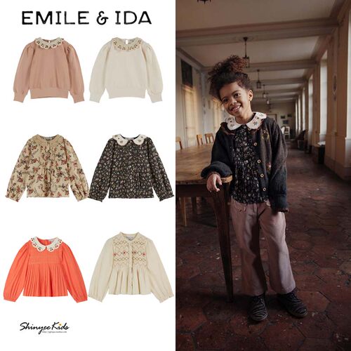 Shinyee▲emile et ida aw24秋冬女童法式印花刺绣翻领衬衫卫衣