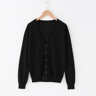 薄针织衫 出口棉线黑色针织开衫 不褪色抗起球V领长袖 春秋 外套 女