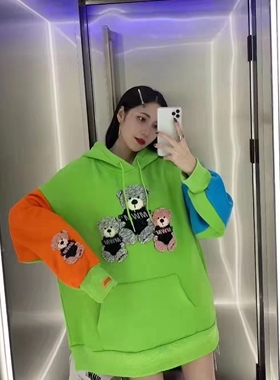 MWM木村井泓OOXOO秋冬潮牌欧美小熊绣花撞色宽松情侣套头连帽卫衣