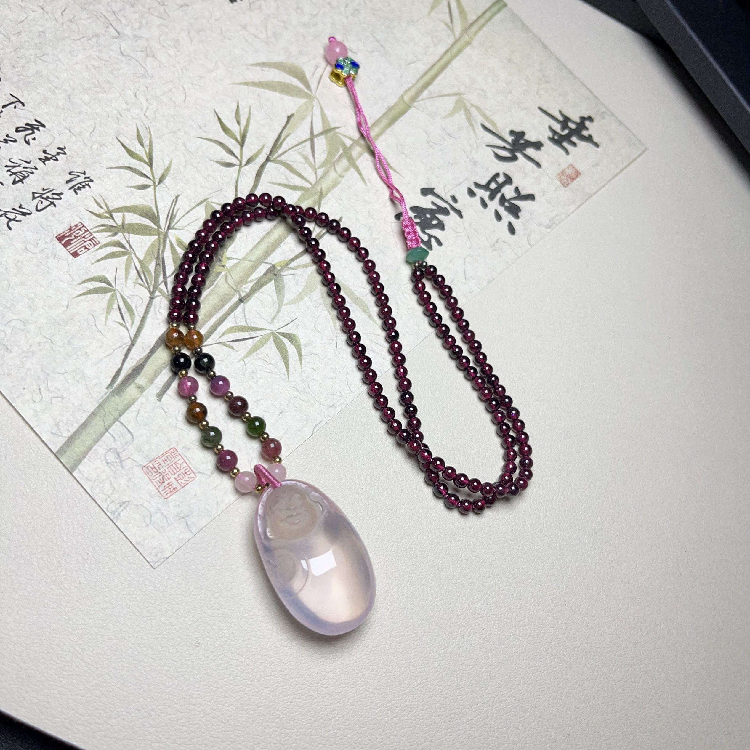 一物一图天然粉晶佛公吊坠项链女款挂件时尚毛衣链送女友情人礼物