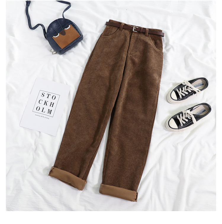 Real size fat mm autumn and winter corduroy thin striped straight pants loose pants dad pants