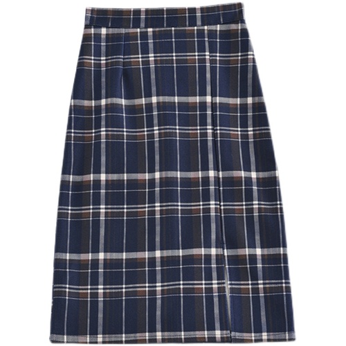 Plaid skirt in autumn and winter women's high waist shows thin a-word retro versatile split fork medium length