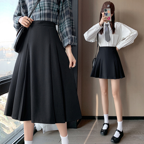 Real shot 200kg fat mm black skirt women's A-shaped short skirt high waist thin hanging feeling medium and long Hip Wrap Skirt