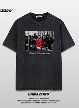 Luigi Mangione路易吉纯棉洗水做旧短袖T恤美式复古T-shirt纪念衫