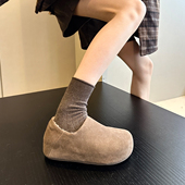 一脚蹬棉鞋 格雷系淑女风 女鞋 加绒牛皮显脚小厚底复古勃肯鞋 冬季