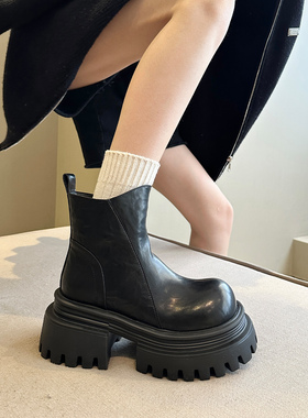 炸街甜酷~东大门新品秋冬加绒增高厚底大头短靴子女瘦瘦靴马丁靴