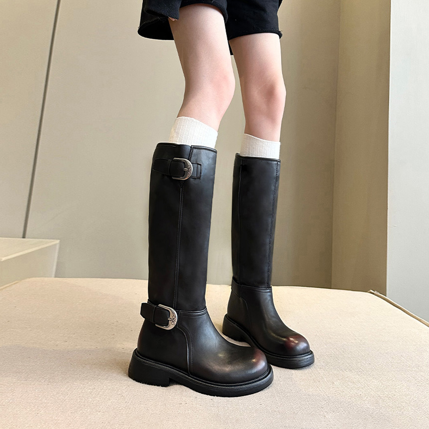 版型超好英伦风宽筒厚底骑士靴