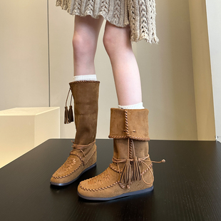 时髦新版 绒面两穿波西米亚风西部牛仔靴女高筒长筒靴堆堆靴子 本