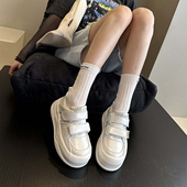 港风潮品神店 女小白鞋 新品 ins风甜酷真皮魔术贴增高厚底休闲板鞋