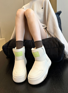 潮搭神店~冬加绒真皮东北厚底白色雪地靴女防水防滑短靴保暖棉鞋