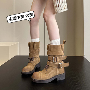 严选牛货 磨砂牛皮粗跟miu系中筒靴马丁靴女短靴子机车靴 品质新款