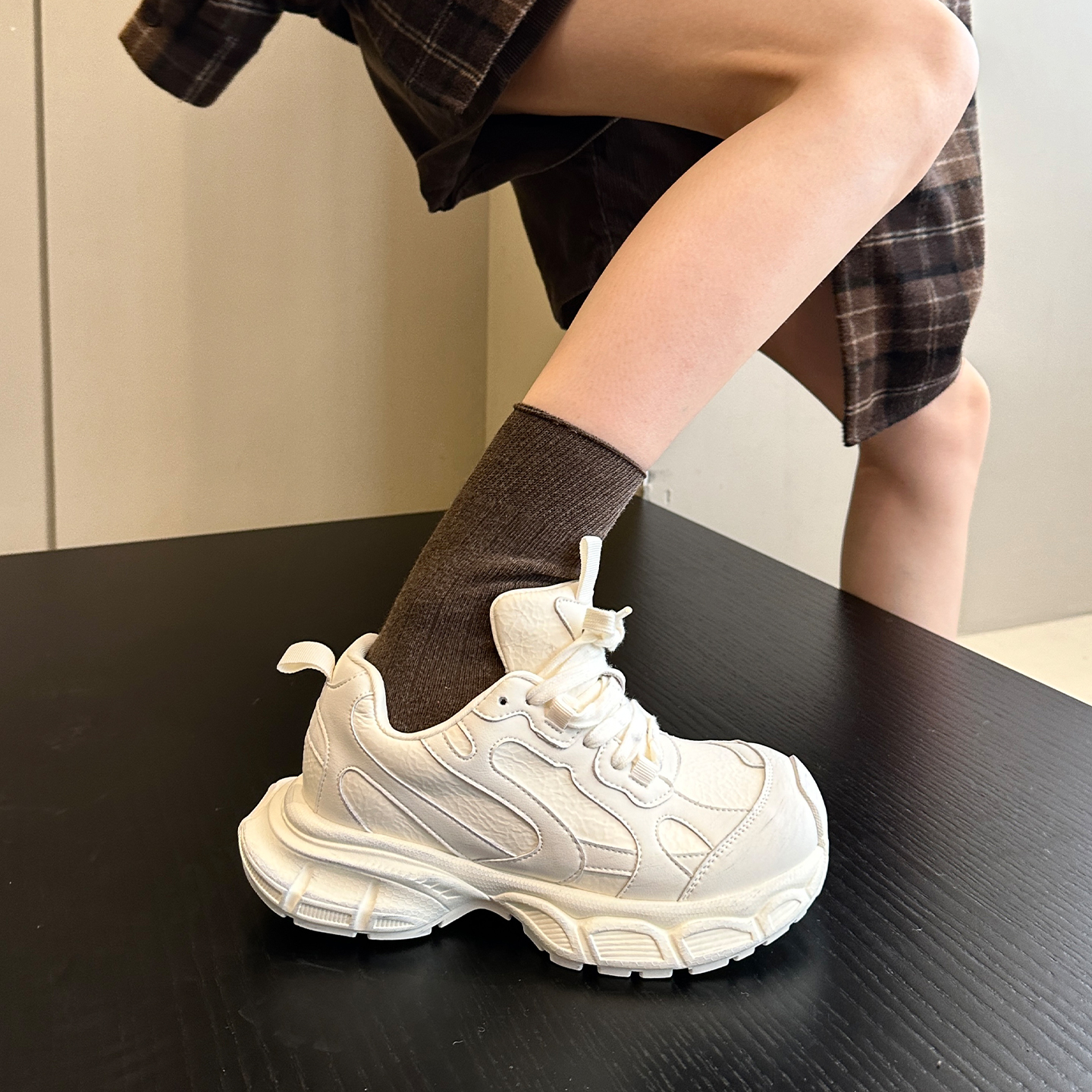 秋冬流行日系牛皮厚底老爹鞋