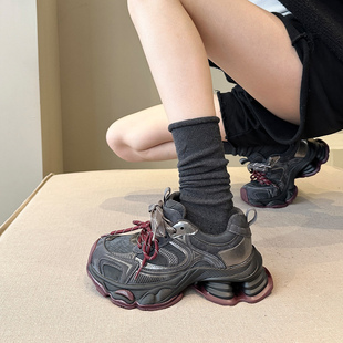 运动鞋 冬季 女鞋 时髦灰色欧货ins潮酷软底炸街登山厚底老爹鞋 加绒