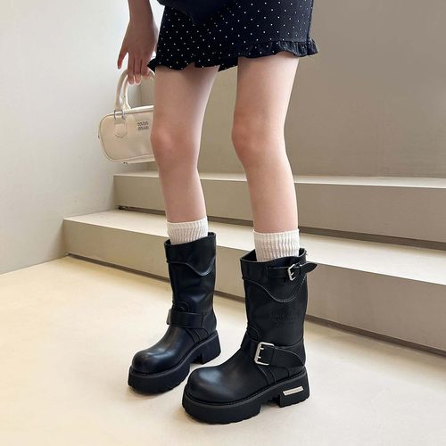 2025秋季新款真皮女厚底骑士靴