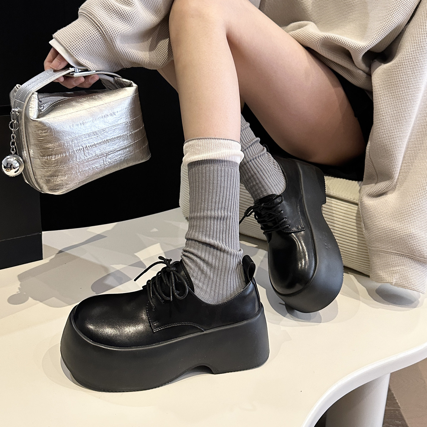 WSWS｜春季新款甜酷配阔腿裤真皮增高厚底大头小皮鞋单鞋女德比鞋,女鞋,深口单鞋,淘宝优惠券,粉丝福利购,淘宝优惠卷