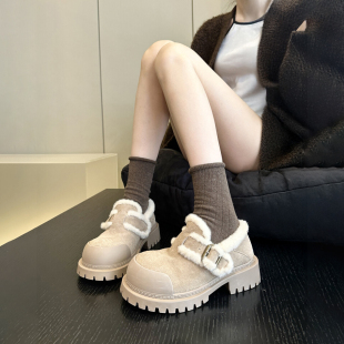 一脚蹬配裙子加绒小皮鞋 冬季 女棉鞋 甜酷 日系大头牛皮厚底毛毛鞋