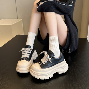 女黑白板鞋 小个子增高真皮轻便松糕厚底鞋 配阔腿裤 秋冬潮流神店