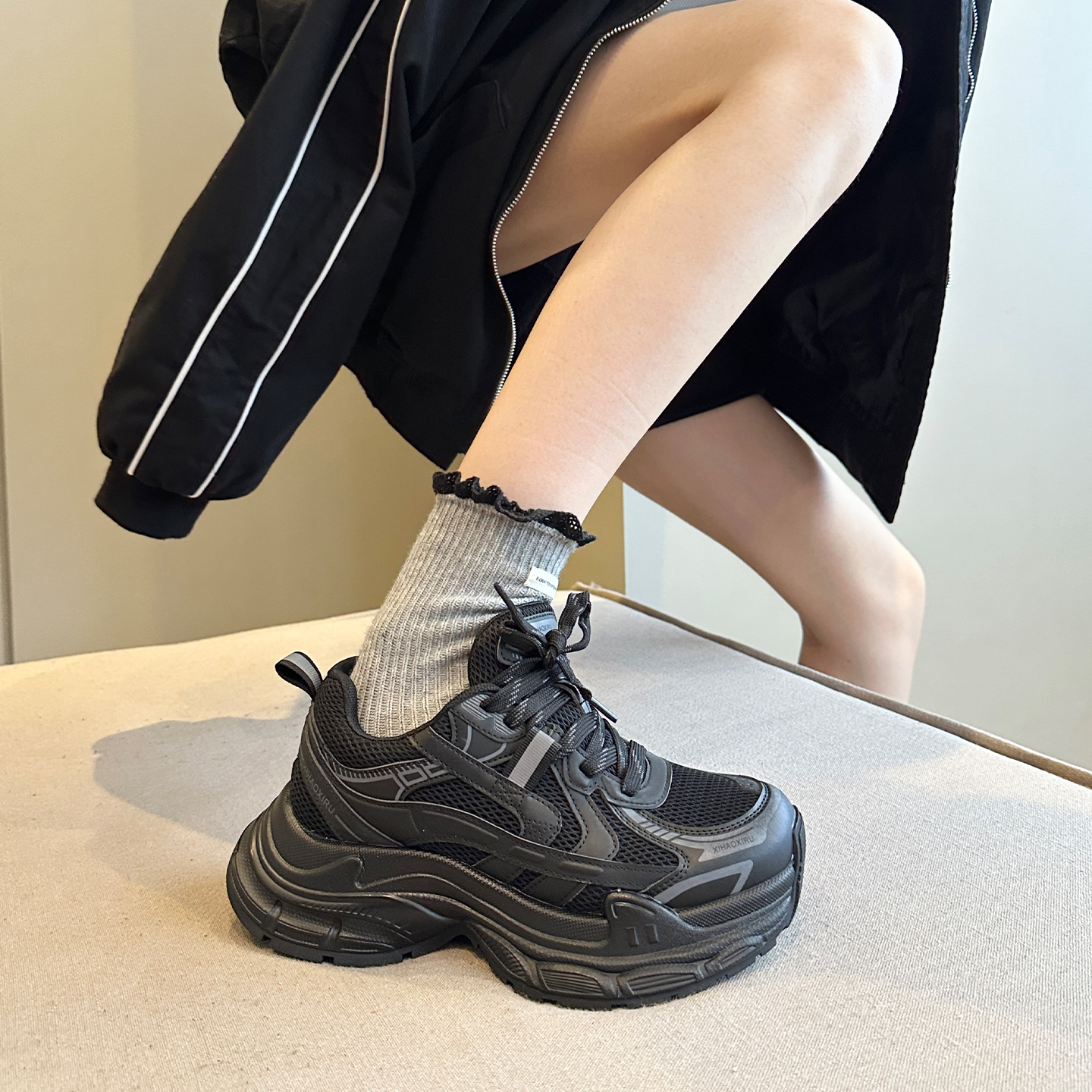 小个子福音厚底真皮女老爹鞋拼色